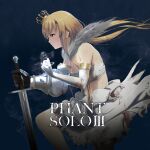  album_cover armor blonde_hair blue_eyes copyright_request cover crown dark_souls_(series) dark_souls_iii eight_tohyama elbow_gloves fur_collar gloves glowing highres leaning_on_weapon long_hair mini_crown one_knee pauldrons phant_(taishi) planted planted_sword serious shoulder_armor single_pauldron skirt strapless sword torn_clothes tube_top weapon 