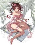  1girl animal_ears anklet arknights bikini blush breasts bridal_garter brown_hair cleavage eyjafjalla_(arknights) eyjafjalla_(summer_flowers)_(arknights) highres horns infection_monitor_(arknights) jewelry long_hair looking_at_viewer nanqinxuelinaixi navel off-shoulder_bikini off_shoulder official_alternate_costume palm_leaf pink_bikini pink_eyes sarong sheep_ears sheep_girl sheep_horns sitting small_breasts smile solo stomach swimsuit thighs white_sarong yokozuwari 