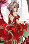  1girl au_ra avatar_(ff14) closed_mouth curled_horns dragon_girl dragon_horns dragon_tail dress final_fantasy final_fantasy_xiv headdress highres horns looking_at_viewer red_dress red_mage scales short_hair solo tail yu_kitsune 
