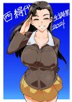  1girl absurdres arm_behind_back asymmetrical_bangs bangs birthday black_eyes black_hair breasts brown_jacket character_name chi-hatan_military_uniform commentary_request cowboy_shot girls_und_panzer grin half-closed_eyes highres jacket large_breasts long_hair long_sleeves looking_at_viewer military military_uniform miniskirt nishi_kinuyo outside_border partial_commentary pleated_skirt salute shinkuukan_(tetsuo3) skirt smile solo standing straight_hair translated uniform yellow_skirt 