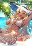  1girl absurdres arm_behind_head arm_up armpits beach bikini blonde_hair breasts cleavage dark-skinned_female dark_skin day elf hat highres hololive kitazume_kumie large_breasts long_hair looking_at_viewer multicolored_hair navel one_eye_closed open_mouth outdoors palm_leaf pointy_ears red_eyes shiranui_flare solo stomach streaked_hair sun_hat swimsuit thigh_strap very_long_hair virtual_youtuber white_bikini white_hair white_headwear 