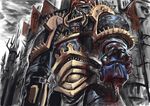  araghast_the_pillager armor bad_id bad_pixiv_id banner black_legion blood chaos_(warhammer) chaos_space_marine fenris fortress helmet horns insignia ornate pauldrons severed_head solo wall warhammer_40k 