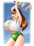  amanatsu_ikumi breasts brown_eyes brown_hair cleavage gigantic_breasts glasses gym_uniform nipples racket rd tennis_racket thighs underboob 