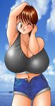  breasts brown_hair cleavage huge_breasts midriff rd shorts sports_bra wink 