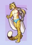  anthro bionic_arm blonde_hair bulge cheetah clothing felid feline hair looking_at_viewer male mammal smile solo spefides syphon towel underwear 