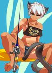  absurdres animal_ears asymmetrical_clothes barefoot blue_background cat_ears cat_tail claws denim denim_shorts feet fishing_rod flat_chest frown highres jewelry necklace original scar screaming_chicken shirt_tan short_shorts shorts shorts_tan soles solo tail tan tank_top tanline toes yakibuta_(shimapow) 