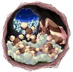  closed_mouth commentary_request creature gen_4_pokemon grass ibui_matsumoto lopunny lying nest no_humans on_back on_stomach pine_tree pokemon pokemon_(creature) red_eyes sitting sleeping smile snow snowing tree 