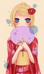  blue_eyes bun fan flower hair hair_bun japanese_clothes kagamine_rin kimono vocaloid white yayoi 