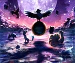  artist_request bird butterfree cloud dark drifblim electrike flying gen_1_pokemon gen_3_pokemon gen_4_pokemon gengar goldeen honchkrow kabuto_(pokemon) lapras leafeon lumineon mew ninetales no_humans pidgeotto planet pokemon pokemon_(creature) sitting wings 