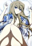  areolae bed_sheet blonde_hair blue_eyes breast_slip breasts hair_censor hair_ornament hair_over_breasts hairclip highres hiiragi_akao jinki ka2 large_breasts legs_up long_hair lying no_bra on_back one_breast_out open_clothes open_shirt out-of-frame_censoring shirt solo 