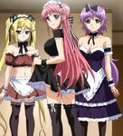  3girls blonde_hair breasts kanojo_x_kanojo_x_kanojo large_breasts long_hair maid maid_uniform multiple_girls navel orifushi_akina orifushi_mafuyu orifushi_natsumi pink_hair purple_hair screencap siblings sisters 