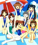  6+girls age_difference ball barefoot beach beachball card_captor_sakura child daidouji_tomoyo everyone feet highres jpeg_artifacts kinomoto_sakura li_meiling mihara_chiharu mizuki_kaho multiple_girls official_art one-piece one-piece_swimsuit sasaki_rika school_swimsuit swimsuit umbrella yanagisawa_naoko 