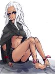  1girl anklet barefoot breasts cloak dark_skin feet female final_fantasy final_fantasy_iv final_fantasy_iv_the_after fingerless_gloves genderswap gloves golbeza jewelry long_hair midriff nezi_ch shorts silver_hair sitting solo underboob white_background 