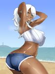  1girl adjusting_hair armpits arms_up beach black breasts curvy dark-skinned_female dark_skin denim denim_shorts enoshima_iki erect_nipples highres huge_breasts izakaya_yocchan long_hair midriff muscle ocean original pose sand sea shorts smell solo thick_thighs thighs water white_hair 