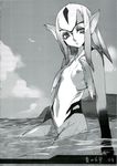  blue_submarine_no_6 breasts female grayscale greyscale highres looking_at_viewer monochrome monster monster_girl mutio nipples pointy_ears small_breasts solo therianthrope unknown_artist water 