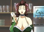  angel_blade bare_shoulders bow breasts brown_hair cafe cap choker cleavage coffee elbow_gloves eyes_closed glass gloves holding huge_breasts kyoka_(angel_blade) masami_obari mole money open_mouth plates screencap shelves smile solo waitress 