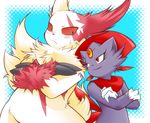 back-to-back back_to_back chest_tuft chubby claws duo feline female fur mammal nintendo plain_background pok&#233;mon pokemon red_eyes ryou_tani simple_background sweat teeth tuft video_games weavile zangoose 