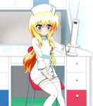  blonde_hair blush emu_emu! female hat highres indoors isurugi_mio medical mm! nurse nurse_cap sitting solo syringe thighhighs white_legwear white_thighhighs 