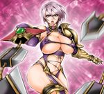  1girl blue_eyes breasts cleavage covered_nipples curvy earrings elbow_gloves fingerless_gloves flower foreshortening gauntlets gloves huge_breasts isabella_valentine jewelry navel purple_flower purple_rose revealing_clothes rose short_hair shoulder_pads solo soulcalibur soulcalibur_iv sword thighhighs underboob weapon 