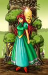  axe crystal dress female final_fantasy final_fantasy_mystic_quest flower full_body green_eyes headdress karen_(ffmq) long_hair nature outdoors plant red_hair s.c.h sky solo tiara tree weapon 