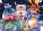  1boy baseball_cap blastoise charizard commentary_request faceless faceless_male fangs full_body hat highres jacket lapras looking_at_viewer male_focus open_mouth pikachu pokemon pokemon_(creature) red_(pokemon) red_headwear red_jacket shirt short_hair snorlax standing starter_pokemon_trio t-shirt venusaur yomogi_(black-elf) 