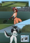  anthro avian ball breasts canid canine canis casual_nudity collar comic digital_media_(artwork) domestic_dog duo eyewear feathered_wings feathers female female/female fox fur genitals glasses hi_res husky hybrid mammal nifela nipples nordic_sled_dog nude public public_nudity pussy scoreboard smile spitz sport stargazer tennis tennis_ball tennis_court tennis_racket white_body wings 