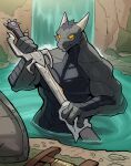  absurd_res anthro bathing ceehaz dragon emlynn hi_res looking_at_viewer male melee_weapon muscular muscular_male nude outside scalie shield solo sword water weapon yellow_eyes 
