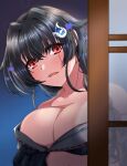  1girl absurdres black_hair breasts collarbone hair_between_eyes hair_flaps hair_ornament hairclip heart highres indoors japanese_clothes jingei_(kancolle) kantai_collection kimono large_breasts long_hair low_ponytail official_alternate_costume open_mouth shigatsu_(soratobuusagi) sliding_doors solo upper_body whale_hair_ornament yukata 