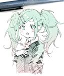  1girl bangs black_jacket bow collared_shirt cropped_torso from_side gradient_hair green_eyes green_hair hand_up hatsune_miku highres jacket leo/need_(project_sekai) long_hair looking_at_viewer looking_to_the_side multicolored_hair paperclip_hair_ornament photo_(medium) project_sekai red_bow red_hair safety_pin shirt signature sofra solo swept_bangs traditional_media twintails twitter_username upper_body vocaloid white_shirt wrist_cuffs 