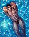  1boy abs arm_behind_head armpit_hair armpits bara bear biceps black_hair bulge facial_hair feet_out_of_frame free_(soul_eater) heterochromia large_pectorals looking_at_viewer looking_up male_focus male_swimwear manly mature_male muscular muscular_male navel navel_hair nipples no_pants pectorals pointy_ears pool rybiok smirk solo soul_eater spiked_hair swim_briefs thick_arms thick_eyebrows thick_thighs thighs topless_male water 