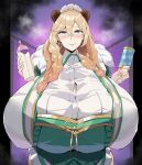  animal_ears apron baby_bottle blonde_hair blue_eyes bottle braid breasts bursting_breasts cleavage curvy frigga_(last_origin) gigantic_breasts highres kunoichimaru last_origin looking_at_viewer maid_apron maid_headdress mature_female milk mole mole_under_eye steam toy twin_braids 