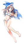  1girl armpits barefoot blue_eyes breasts brown_hair castlevania castlevania:_portrait_of_ruin charlotte_aulin closed_mouth collarbone full_body highres kasakasanekokon long_hair looking_at_viewer navel simple_background smile solo swimsuit white_background 