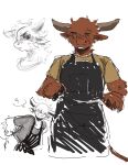  anthro apron bovid bovine brown_body brown_fur cattle clothing cloven_hooves covered_eyes fur hi_res highland_cattle hooves horn male mammal question_mark shirt simple_background sketch_page solo topwear velavelavo 