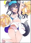  1girl animal_ears bangs bare_shoulders blue_archive blush breasts caburi cheerleader cleavage dog_ears dog_girl dog_tail eyewear_on_head goggles goggles_on_head halo hibiki_(blue_archive) hibiki_(cheerleader)_(blue_archive) highres holding holding_pom_poms long_hair looking_at_viewer medium_breasts navel open_mouth pom_pom_(cheerleading) solo sticker_on_arm sticker_on_face tail 