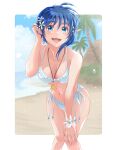  1girl artist_request beach blue_eyes blue_hair breasts cloud crescent flower hair_flower hair_ornament highres jewelry looking_at_viewer navel necklace open_mouth pointy_ears rena_lanford short_hair smile solo star_ocean star_ocean_the_second_story swimsuit tree 