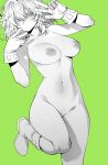  1girl blush boku_no_hero_academia boots breasts gloves green_background greyscale greyscale_with_colored_background groin hagakure_tooru highres large_breasts monochrome navel nipples nude ratatatat74 short_hair solo v 
