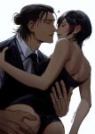  1boy 1girl ass bare_arms black_hair black_jacket black_leotard black_necktie blush breasts collared_shirt couple cowboy_shot eren_yeager formal groping hair_between_eyes hair_bun hair_pulled_back half-closed_eyes hand_on_another&#039;s_ass hand_on_another&#039;s_back hand_on_another&#039;s_shoulder heart hetero highres imminent_kiss jacket jewelry leotard looking_at_another medium_breasts medium_hair mikasa_ackerman multiple_rings necktie parted_lips ring shingeki_no_kyojin shirt short_hair smile strapless strapless_leotard suit suit_jacket twitter_username white_background white_shirt yuannaoi 