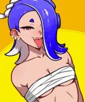  1girl akairiot bare_shoulders blue_hair breasts chest_sarashi collarbone commentary english_commentary fang hair_over_one_eye highres looking_at_viewer medium_breasts open_mouth orange_background red_eyes sarashi shiver_(splatoon) smile solo splatoon_(series) splatoon_3 teeth tentacles tongue tongue_out two-tone_background upper_body upper_teeth yellow_background 