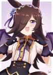  1girl alternate_costume animal_ears black_hair blush breasts commentary_request fang gloves halloween horse_ears horse_girl horse_tail kimukimu looking_at_viewer open_mouth purple_eyes rice_shower_(umamusume) small_breasts solo sweat sweating_profusely tail umamusume wings 
