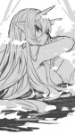  1girl absurdres bangs breasts closed_mouth commentary_request from_behind greyscale hair_between_eyes highres horns large_breasts long_hair looking_at_viewer looking_back monochrome nude original partially_submerged pointy_ears solo steam very_long_hair water yuuji_(yukimimi) 