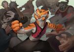  anthro bison bottomwear bovid bovine canid canine canis clothed clothing digital_media_(artwork) dreamworks felid female fight fighting_pose fingers fur group holding_object holding_weapon kung_fu_panda male mammal master_tigress matchattea muscular pantherine pants pose shirt standing stripes teeth tiger topwear weapon wolf 