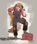  absurd_res anthro belt boots canid canine canis clothing domestic_dog engineer_(team_fortress_2) footwear gloves grin handwear hi_res knee_pads looking_at_viewer male mammal mechanic shirt simple_background smile smiling_at_viewer solo team_fortress_2 toolbox tools topwear valve video_games wrench zenniefox 