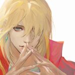  1boy bishounen blonde_hair blue_eyes earrings hair_between_eyes hair_over_one_eye high_collar highres howl_(howl_no_ugoku_shiro) howl_no_ugoku_shiro jacket jewelry looking_at_viewer male_focus medium_hair open_collar own_hands_together parted_lips red_jacket smile solo upper_body white_background yud79317724 