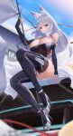  1girl absurdres animal_ear_fluff animal_ears azur_lane boots breasts car detached_sleeves flag fox_ears fox_girl fox_tail from_below grey_hair ground_vehicle high_heels highres holding holding_flag huge_breasts jfzm001 kitsune kyuubi large_tail long_hair looking_at_viewer looking_down manjuu_(azur_lane) motor_vehicle multiple_tails official_alternate_costume purple_eyes race_queen red_ribbon ribbon shinano_(azur_lane) shinano_(moonlit_chrome)_(azur_lane) skindentation solo sports_car stiletto_heels tail thigh_boots white_tail 
