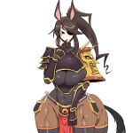  1girl animal_ears armor bangs black_bodysuit black_eyes black_thighhighs blush bodysuit breasts brown_hair centaur commentary_request covered_navel cowboy_shot eyepatch gauntlets hand_up highres horse_ears horse_tail impossible_bodysuit impossible_clothes japanese_armor korean_commentary kote kurokote large_breasts long_hair looking_at_viewer mannungei monster_girl multiple_legs original parted_lips pelvic_curtain pointy_ears ponytail shoulder_armor shoulder_spikes sidelocks simple_background skindentation sode solo spikes standing tail taur thighhighs white_background 