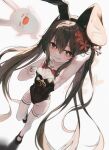  1girl absurdres animal_ears armpits bare_shoulders black_footwear black_leotard bow bowtie breasts brown_eyes brown_hair detached_collar fake_animal_ears flower genshin_impact gro_(lee145879) hair_between_eyes hair_flower hair_ornament highres hu_tao_(genshin_impact) leotard long_hair looking_at_viewer playboy_bunny rabbit_ears red_bow red_bowtie red_flower shoes simple_background small_breasts smile solo standing thighhighs twintails very_long_hair white_background white_thighhighs 