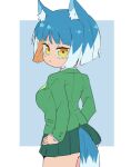  1girl :&lt; animal_ear_fluff animal_ears asagi_(bombergirl) bangs blue_hair blue_tail bombergirl breasts closed_mouth colored_inner_hair cowboy_shot green_jacket green_skirt hands_on_hips jacket legs_together long_sleeves medium_breasts miniskirt multicolored_hair multicolored_tail orange_hair pleated_skirt sasaki_rindou short_hair skirt solo tail two-tone_tail white_hair white_tail wolf_ears wolf_girl wolf_tail yellow_eyes 