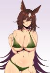  1girl absurdres alternate_costume animal_ears bikini breasts cero_rains cleavage ear_ornament green_bikini hair_between_eyes hand_on_hip highres horse_ears huge_breasts large_breasts long_hair looking_at_viewer multicolored_hair navel red_eyes simple_background sirius_symboli_(umamusume) solo strap_slip streaked_hair swimsuit thigh_gap umamusume very_long_hair white_background 