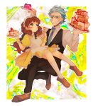  1boy 1girl alternate_costume apron brown_hair cake dress enmaided food frilled_apron frilled_dress frills genderswap genderswap_(mtf) grandfather_and_grandson highres holding holding_tray maid maid_apron maid_headdress messy_hair morty_smith multiple_boys necktie noko6 puffy_short_sleeves puffy_sleeves rick_and_morty rick_sanchez short_hair short_sleeves spiked_hair tray vest waist_apron white_apron wrist_cuffs 