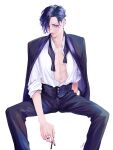  1boy absurdres ballroom_e_youkoso black_eyes black_hair black_pants cigarette ear_piercing earrings eyeshadow highres invisible_chair jewelry kugimiya_masami makeup male_focus open_clothes open_shirt pants piercing ring rogue_rsan shirt sitting solo undone_bowtie white_background white_shirt 